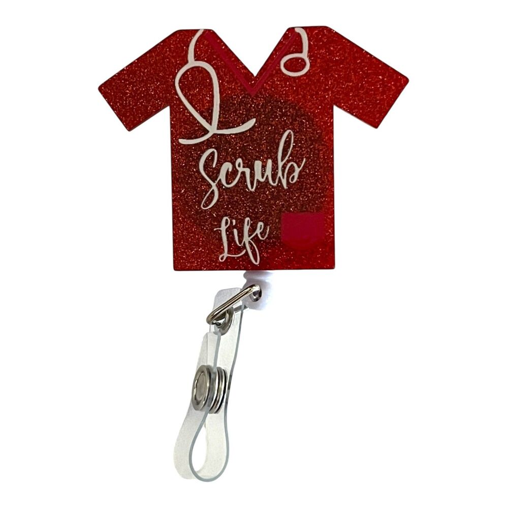 Scrub Life Badge Red Glitter Nurse Badge Holder Retractable ID Clip